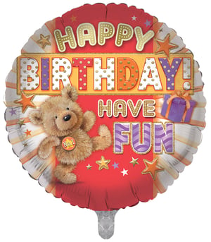 A happy birthday balloon with a teddy bear on.

The grammatically correct sentence: A happy birthday balloon with a teddy bear on it.