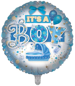 A blue and white balloon that says, "It's a boy."