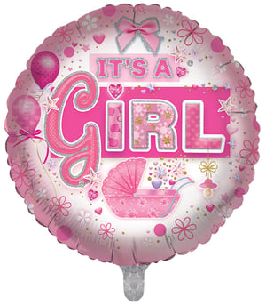 A pink balloon that says "it's a girl."