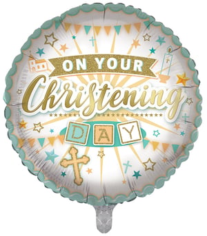 A balloon that says, "On Your Christening Day."