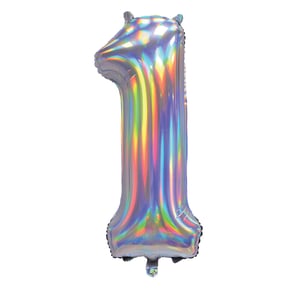 A holographic number 1 balloon is on a white background.