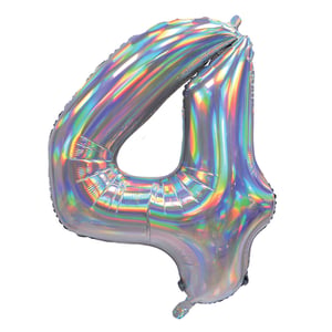 A silver foil balloon in the shape of number four.