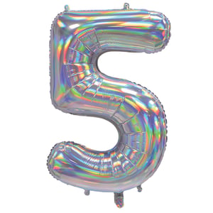 A silver balloon in shape of the number 5.