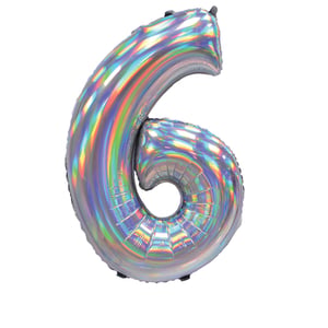 A silver balloon in the shape of number 6.