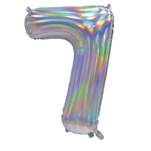 A holographic number 7 balloon is on a white background.
