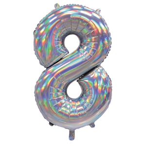 A silver balloon in the shape of the number eight.