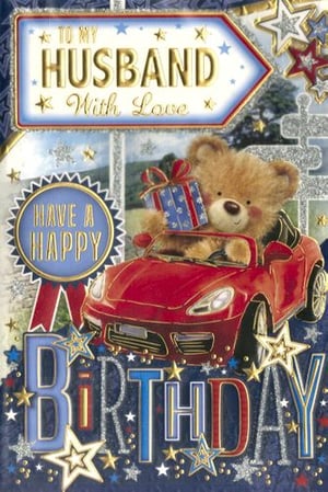 A birthday card for a husband featuring a teddy bear driving a car.