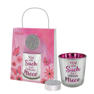 A gift for a special niece includes a candle and a glass.