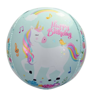 A happy birthday balloon with a unicorn is on it.