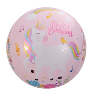 A pink, happy birthday balloon with a unicorn on it.