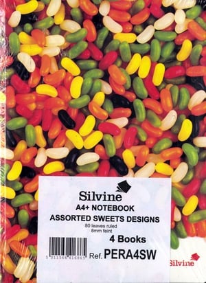 Silvine A4 notebook assorted sweets designs, 80 leaves ruled 8mm feint, 4 books ref. PERA4SW.