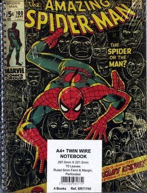 A notebook with Spider-Man on the cover.