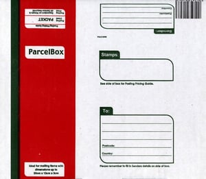 A red parcel box envelope with stamps on it.