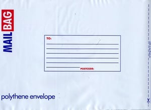 A white mail bag with a blue and red label that says "mail bag polythene envelope."