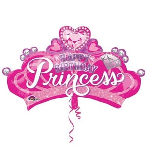 A happy birthday princess balloon with a pink tiara.