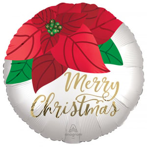 A Merry Christmas balloon with a poinsettia on it.