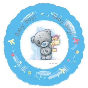 A baby boy balloon with a teddy bear on it.