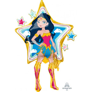 A Wonder Woman balloon that is shaped like a star.