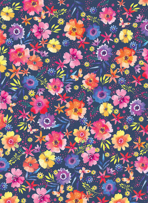 A seamless pattern of colorful flowers is on a dark blue background.