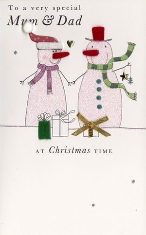 A Christmas card with two snowmen and the words to a very special Mom and Dad at Christmas time.