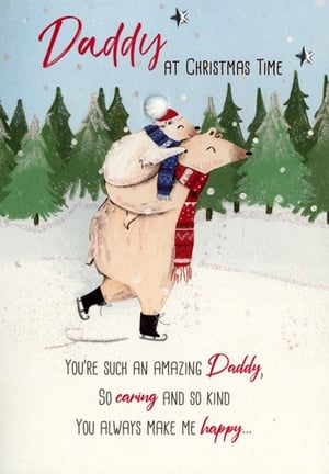 A Christmas card with a polar bear carrying a baby bear.