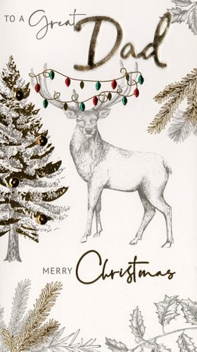 A Christmas card for a great dad, with a deer and trees.