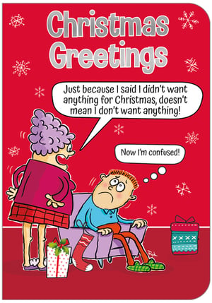 A cartoon of a woman standing next to a man on a couch with the words "Christmas greetings" at the top.