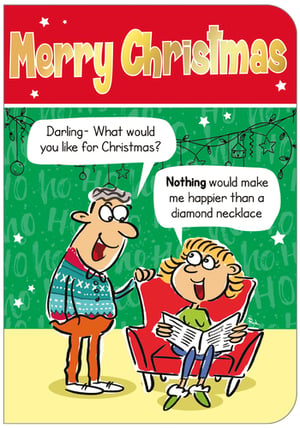 A Merry Christmas card with a cartoon of a man and woman.