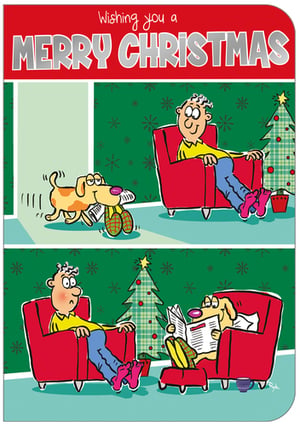 A Merry Christmas card with a man reading a newspaper.