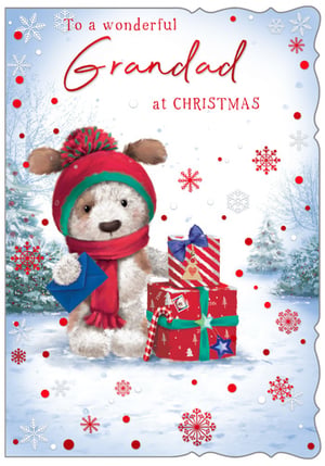 A Christmas card that says "To a wonderful grandad at Christmas."