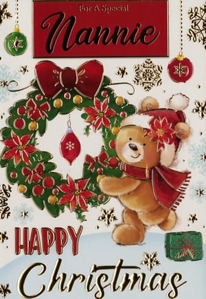 A Christmas card for Nannie with a teddy bear holding a wreath.