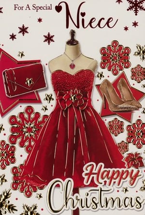 A Christmas card for a special niece with a red dress.