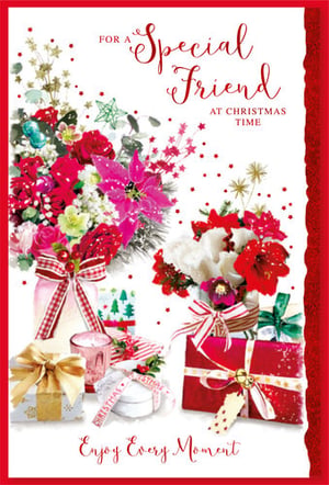 A Christmas card that says "For a special friend at Christmas time."