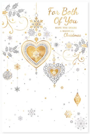 A Christmas card that says, "For both of you, hope you share a magical Christmas."