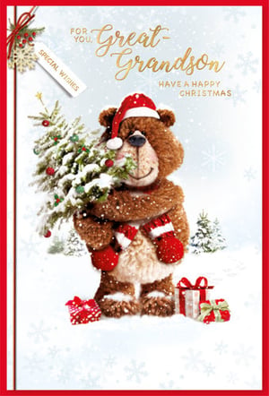 A Christmas card with a teddy bear holding a Christmas tree.