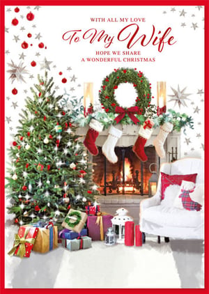 A Christmas card that says, "To my wife, I hope we share a wonderful Christmas."