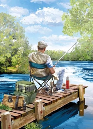 A painting of a man sitting on a dock, fishing.