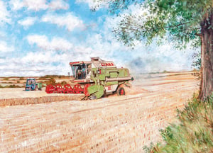A painting of a Claas combine harvester in a field.