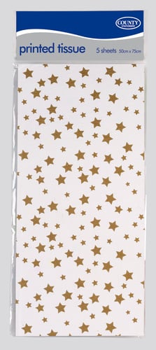 A package of printed tissue with gold stars on it. (No grammatical errors)