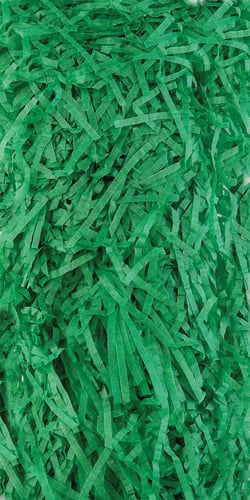 A pile of green shredded paper which looks like grass.