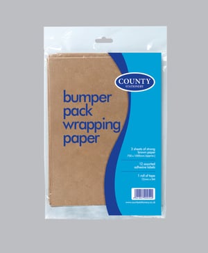 A package of bumper pack wrapping paper is from County Stationery.
