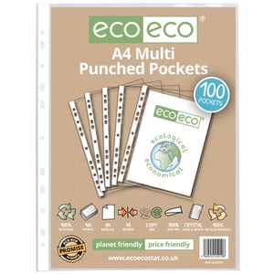 Keep your documents organised and protected with our Eco Eco A4 Multi Punched Pockets. This convenient bag contains 100 crystal clear pockets, perfect for everyday use in the office, school, or home.
Crafted from 100% recycled materials, these pockets are not only planet-friendly but also offer excellent value. At 45 microns thick, they provide reliable protection for your A4 papers. You can trust them to be copy safe and 100% acid-free, ensuring your important documents remain in pristine condition without ink transfer or degradation.
Designed for versatility, their multi-punched edge fits all standard binders. Choose Eco Eco for an ecological and economical solution that doesn't compromise on quality or your commitment to sustainability.