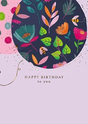 A birthday card with a balloon, flowers, and leaves on it.