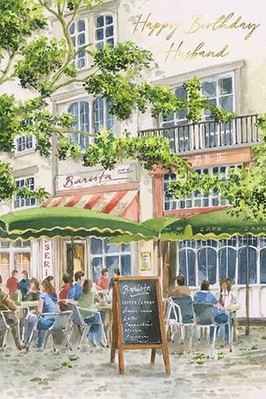 A birthday card for a husband with a painting of people sitting at tables outside a cafe.