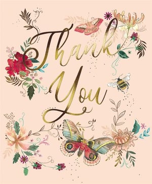 A thank you card with flowers and butterflies on a pink background.