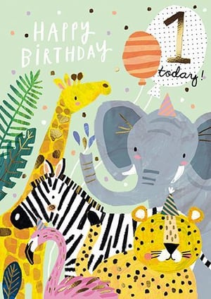 A happy birthday card with a giraffe, an elephant, a zebra, a flamingo, and a leopard.