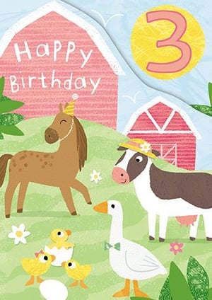 A happy birthday card with a horse, cow, duck, and chickens on a farm.
