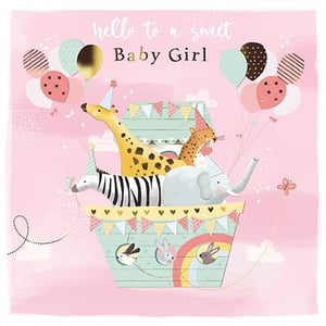 A baby girl is being welcomed with balloons and animals on an ark.