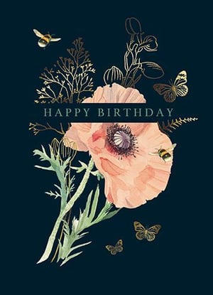 A happy birthday card with flowers and butterflies on a dark background.