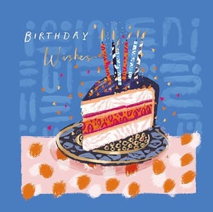 A birthday card with a slice of cake and candles on a plate.